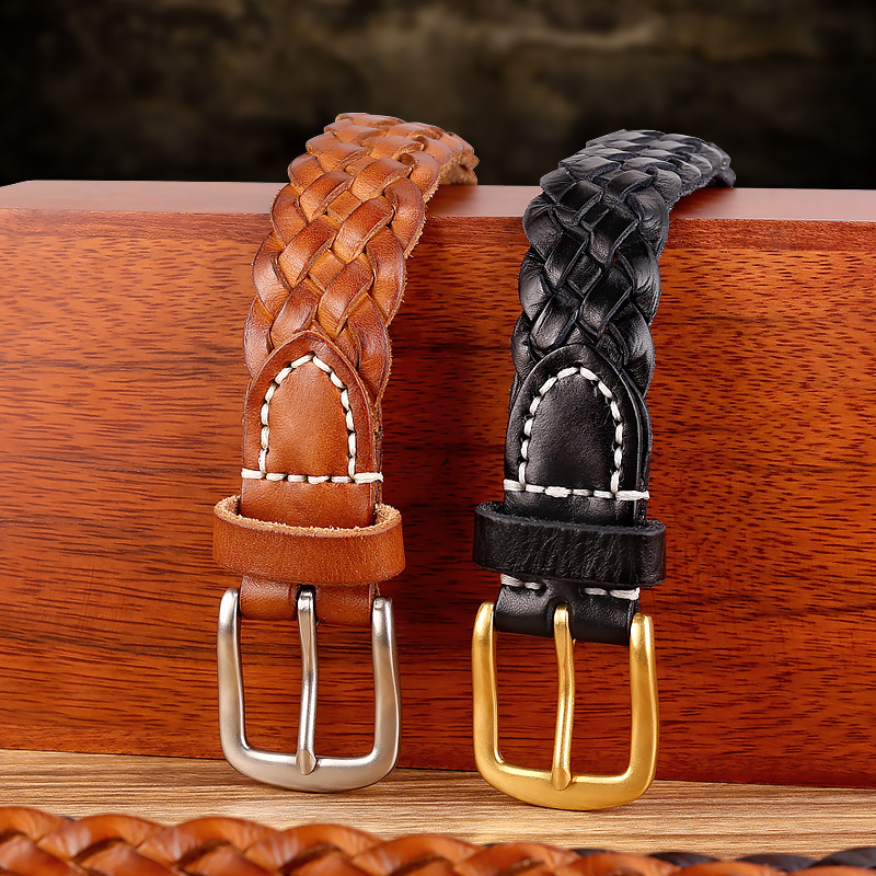 Madeng Workwear Vintage Woven Vegetable-Tanned Cowhide Genuine Leather Belt, Accessory Band, Head Pin Buckle Belt, Unisex In-Stock