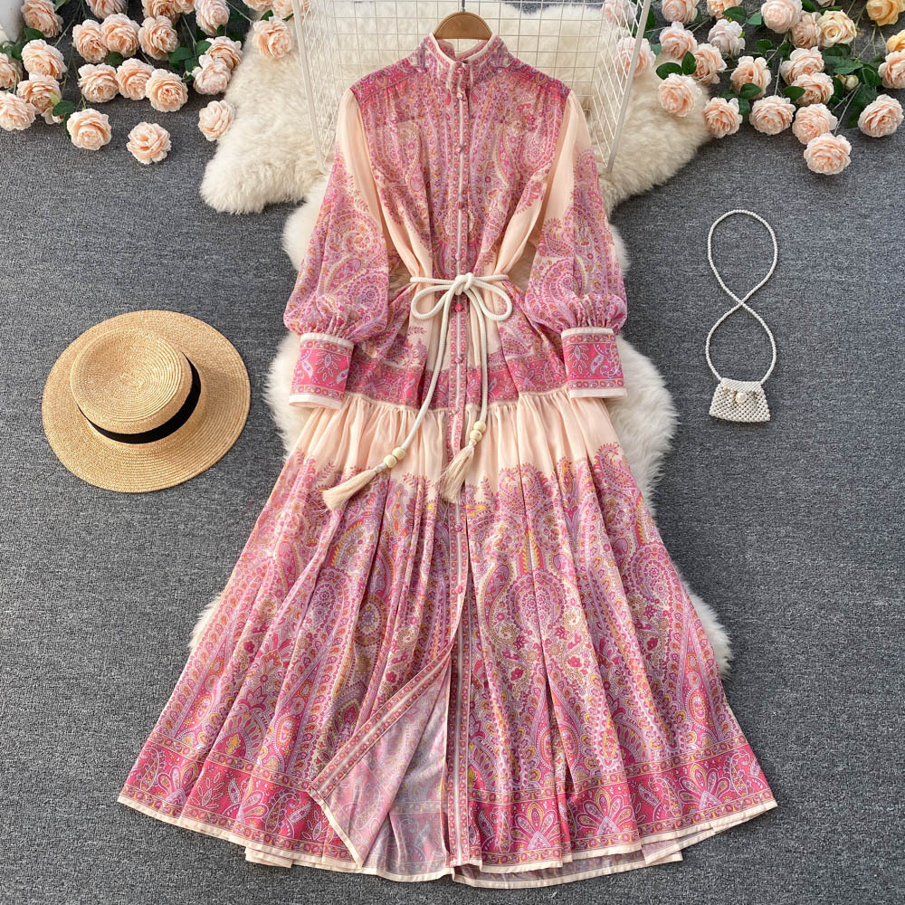 2024 Early Spring New Design Sense Niche Vertical Collar Lantern Sleeve Printed Dress Loose Slimming Elegant Long Dress