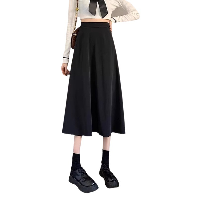 Women's skirt autumn and winter 2023 new mid-length high waist slimming A- line skirt black small large swing umbrella skirt