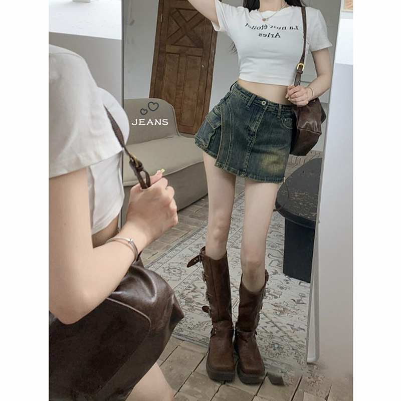 0208 Vintage Casual High Waist Jeans Women's Summer New A- line Hot Girl Bust Trendy Skirt