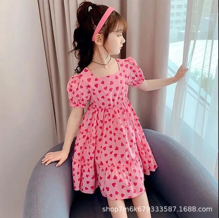 Girls Summer Puff Sleeve Dress 2021 Summer New Sweet Western-style Waist Princess Dress Children's Love Dress