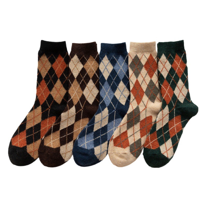 Women's Japanese Style Vintage Diamond-shaped Lattice Autumn and Winter Thickened Mid-length Socks Winter Wool Warm All-match Long Socks Cotton