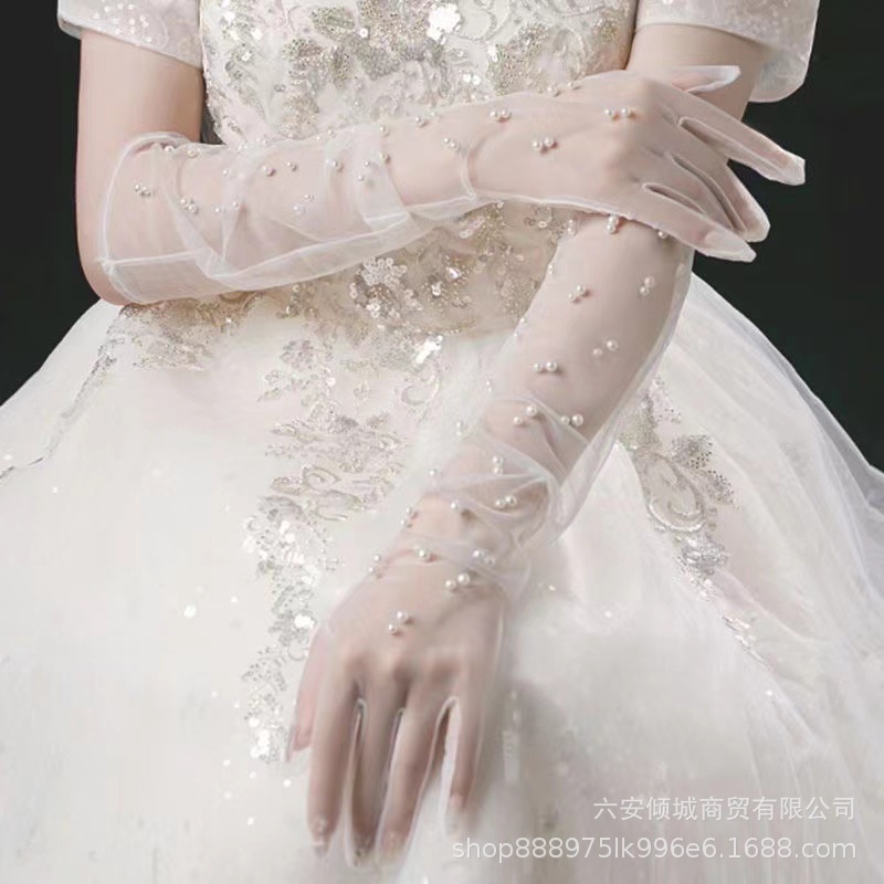 Wedding Gloves Bridal Wedding Dress Long Finger-exposed Pearl Yarn Gloves White Yarn Luxury Hollow Point Drill Accessories