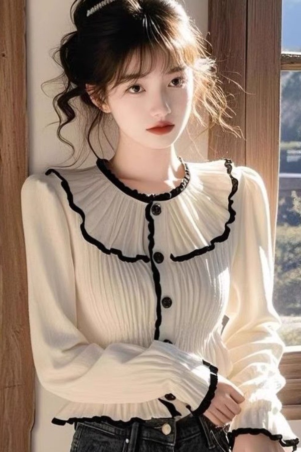 2025 French high-end foreign design long-sleeved shirt women's spring and autumn versatile ruffled unique and beautiful top
