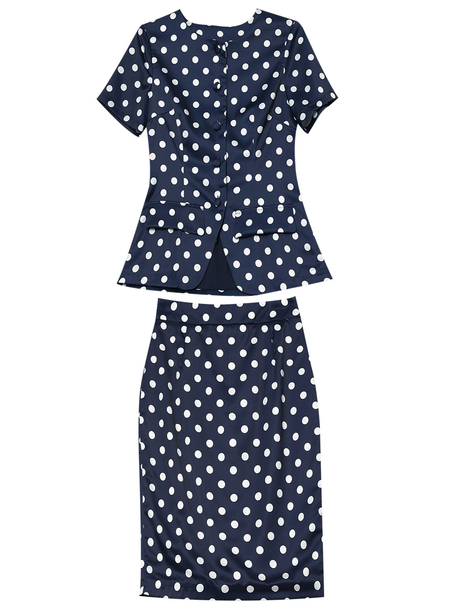 Picture of Zhili 2025 New Summer Suit for Women, Fashionable and Gentle Style, Polka Dot Round Neck, Short Suit, Hip-Covering Skirt, Two-Piece Set