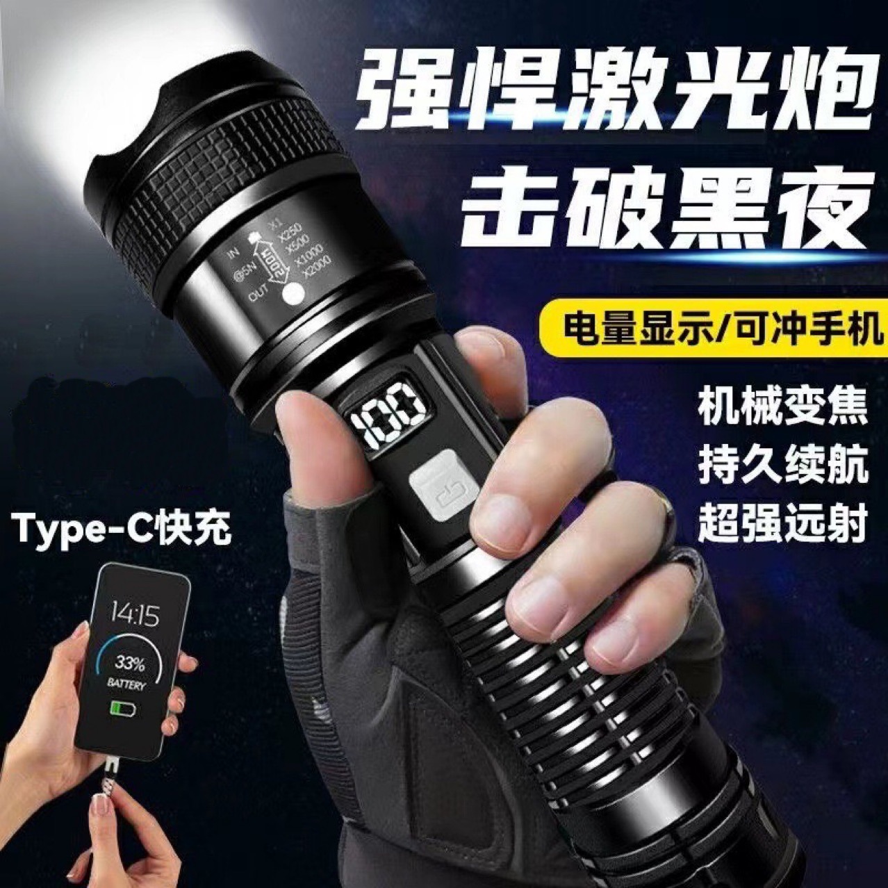 Cross-Border Outdoor Patrol Spotlight Long-Range Strong Light Flashlight Portable Charging Small Stretch Retractable Wholesale Floodlight P50