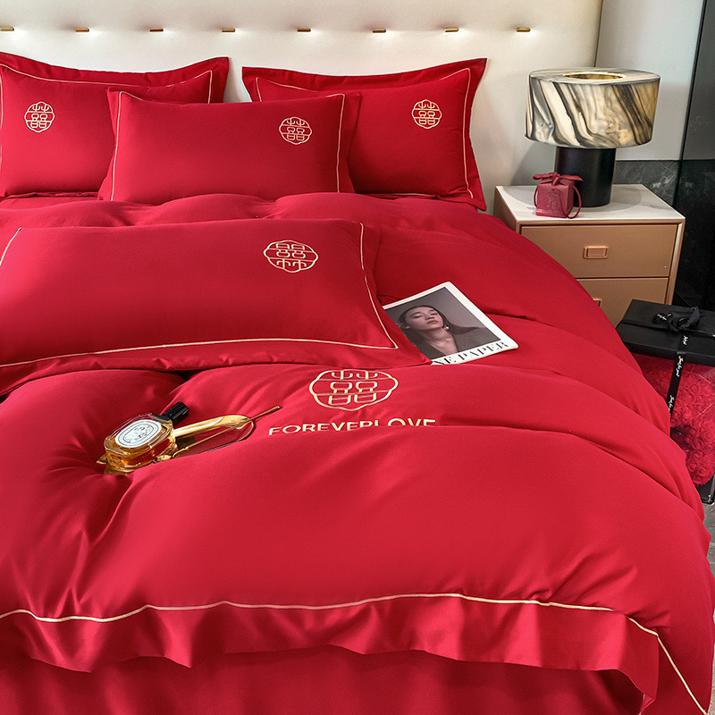 Picture of Wedding washed cotton festive four-piece set Chinese bright red bed sheet high-end embroidered quilt cover wedding room bedding