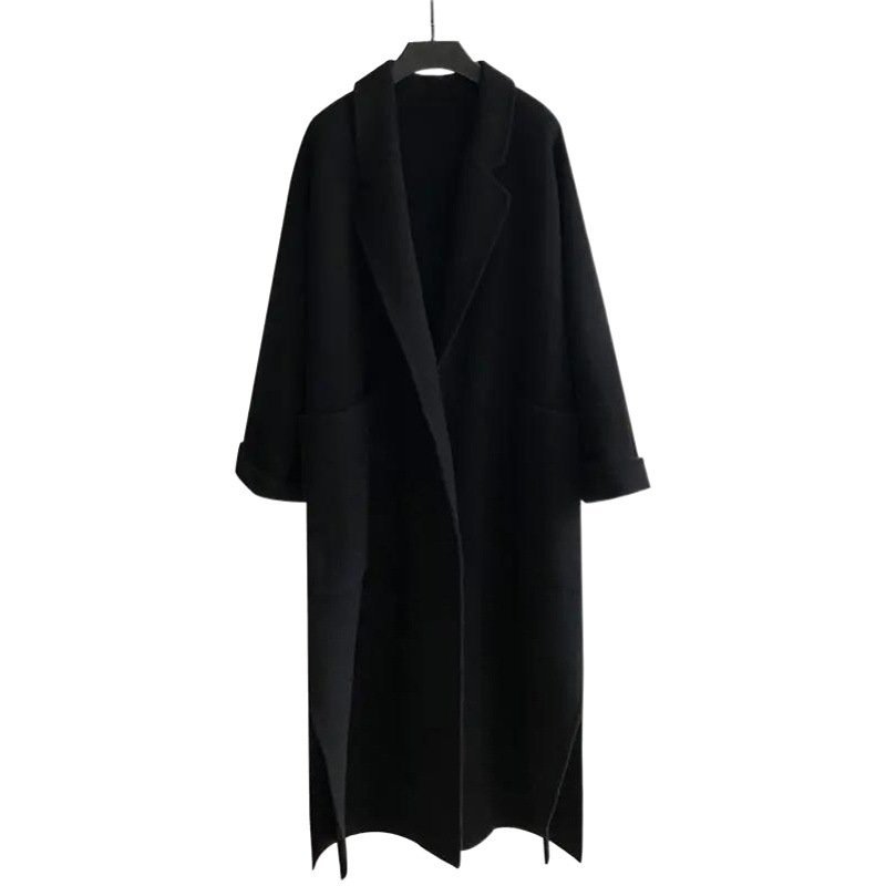 2023 Winter tight waist lace-up mid-length trench coat French Hepburn style coat women's loose wool-like cashmere coat