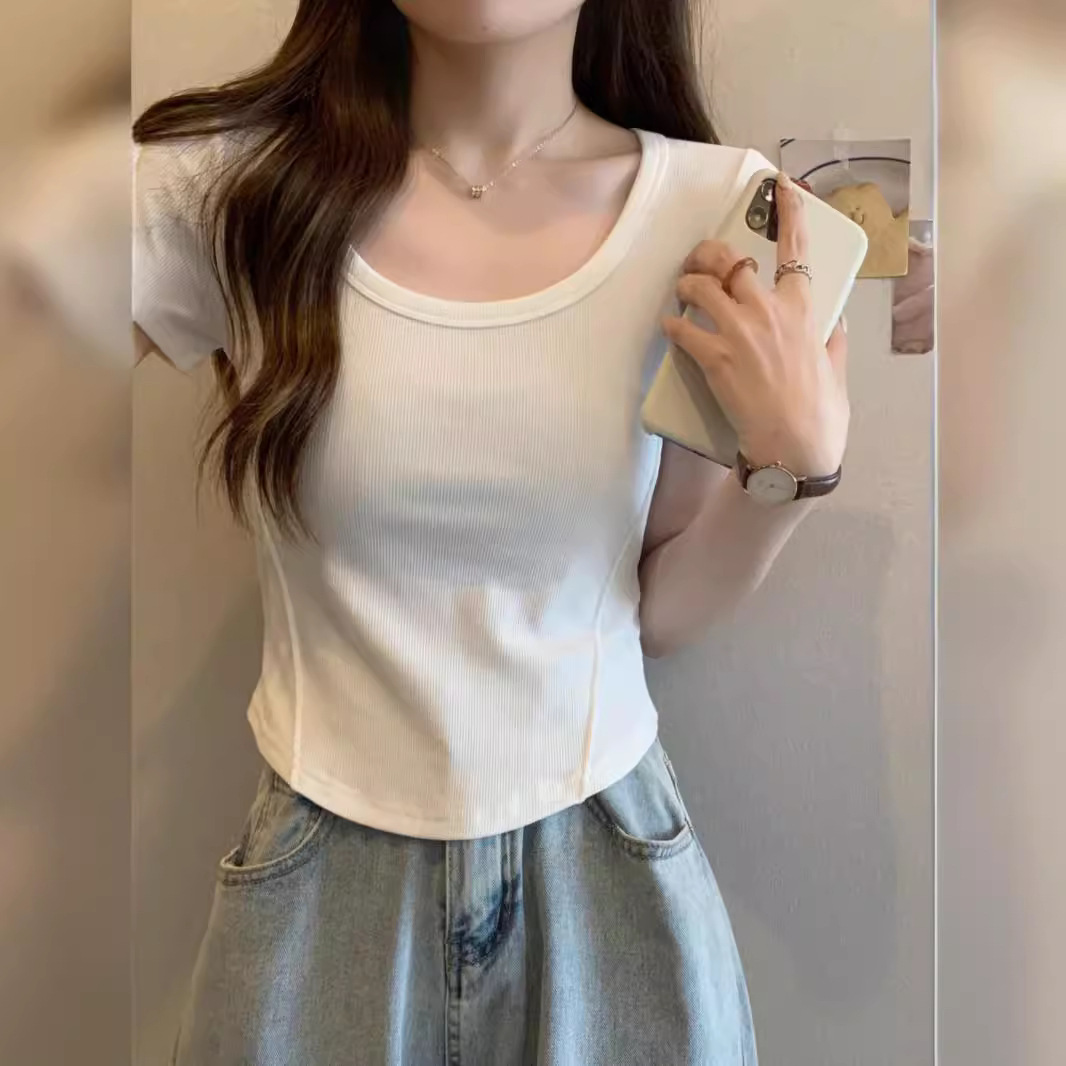 Picture of Irregular U-neck Short-sleeved T-shirt Women's 2025 Summer New Korean Style Slim-fit High Waist Short Student Solid Color Trendy Top