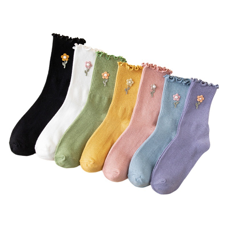 Auriculata Edge Socks Women's Mid-barrel Japanese Style Cute Three-dimensional Small Pollen Ribbon Decorative Autumn and Winter Ins Fashionable Cotton Socks