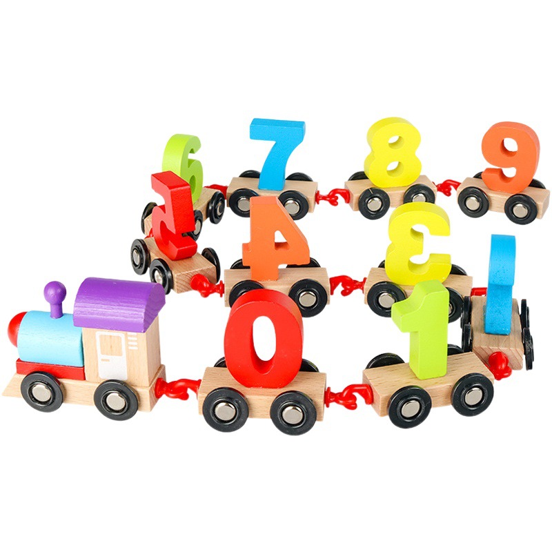 Children's Beech Building Blocks Digital Drag Train Educational Assembled Colorful Wooden Train Early Education Cognitive Toys