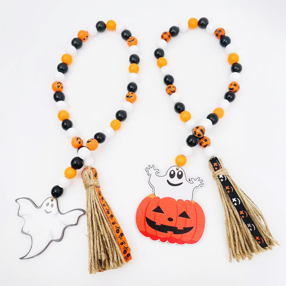Halloween Wooden Beads Halloween Wooden Beads Decoration Colorful Pendant Hemp Rope Tassel Home Decoration Pendant Party