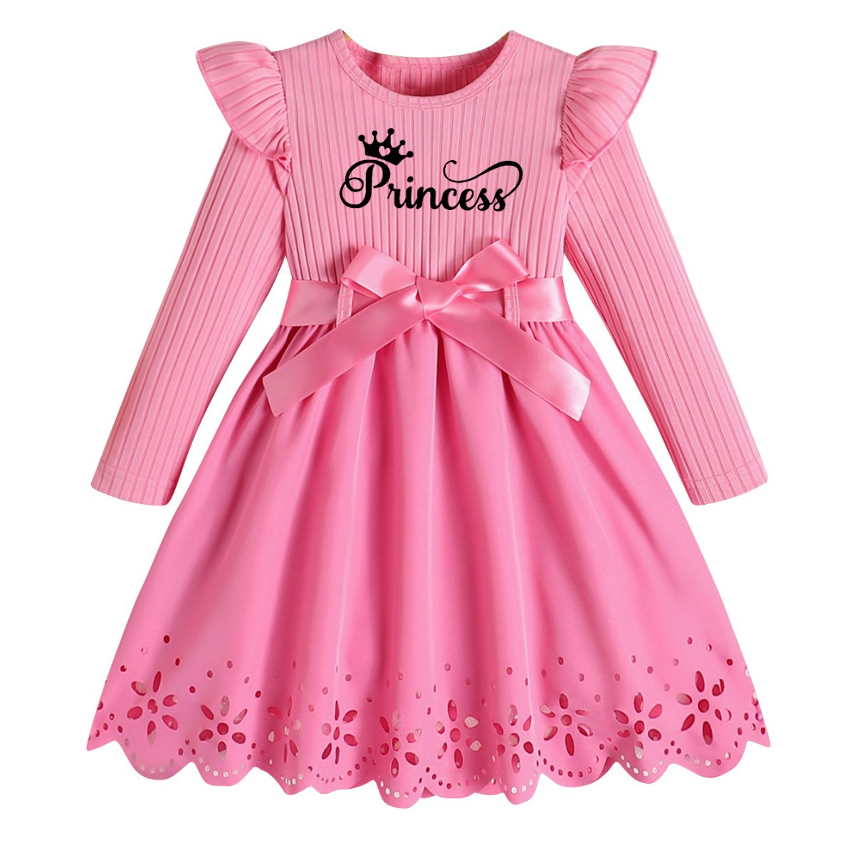Picture of Autumn new girls princess letter printed bow belt round neck long sleeve hollow dress