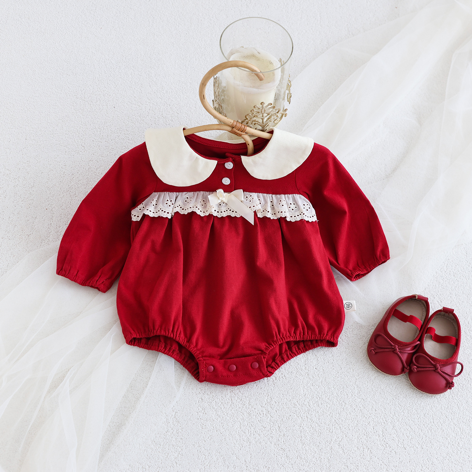 Baby Clothes Spring and Autumn Clothes Newborn Full Moon Hundred Days Long Sleeve Bag Fart Clothes Baby Girl Red Doll Collar One-piece Clothes