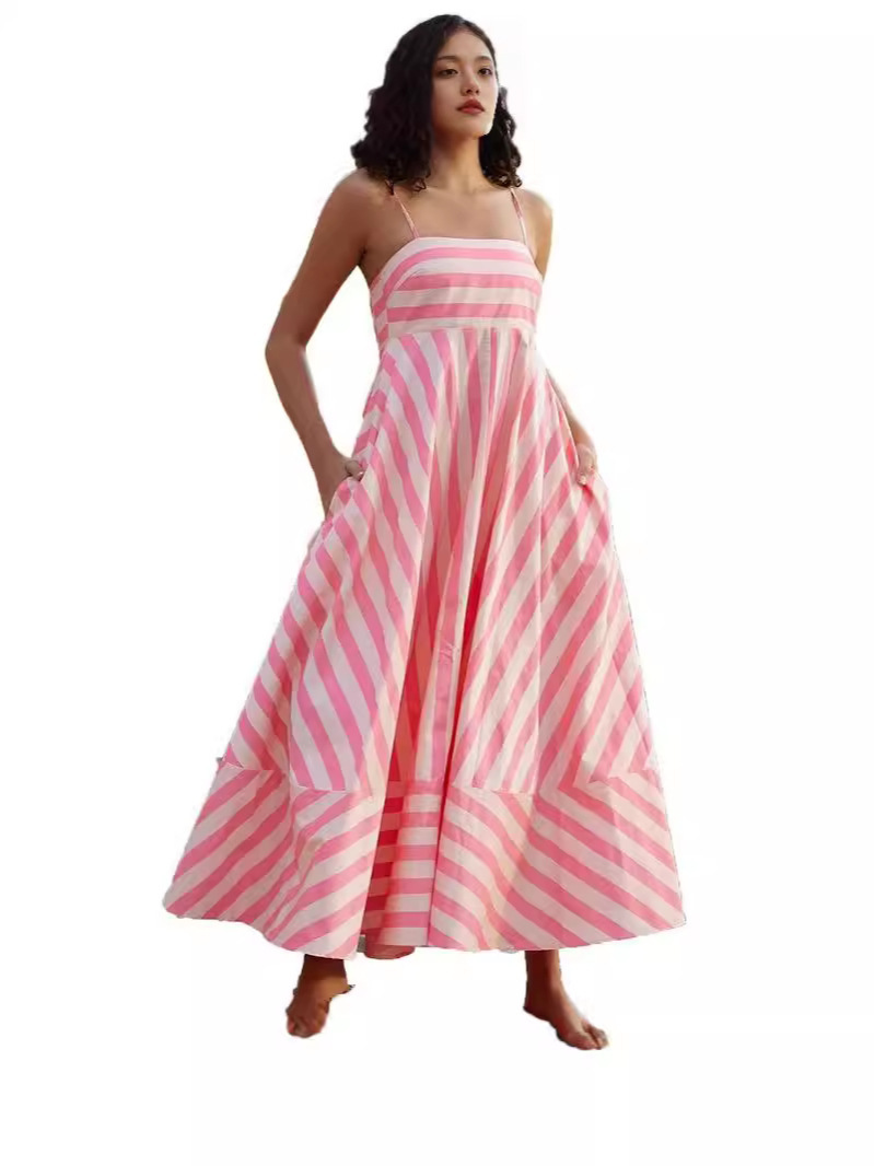 2024 Summer New European and American Cross-border Independent Station Sexy Sling Elegant Printed Striped High Waist Large Swing dress