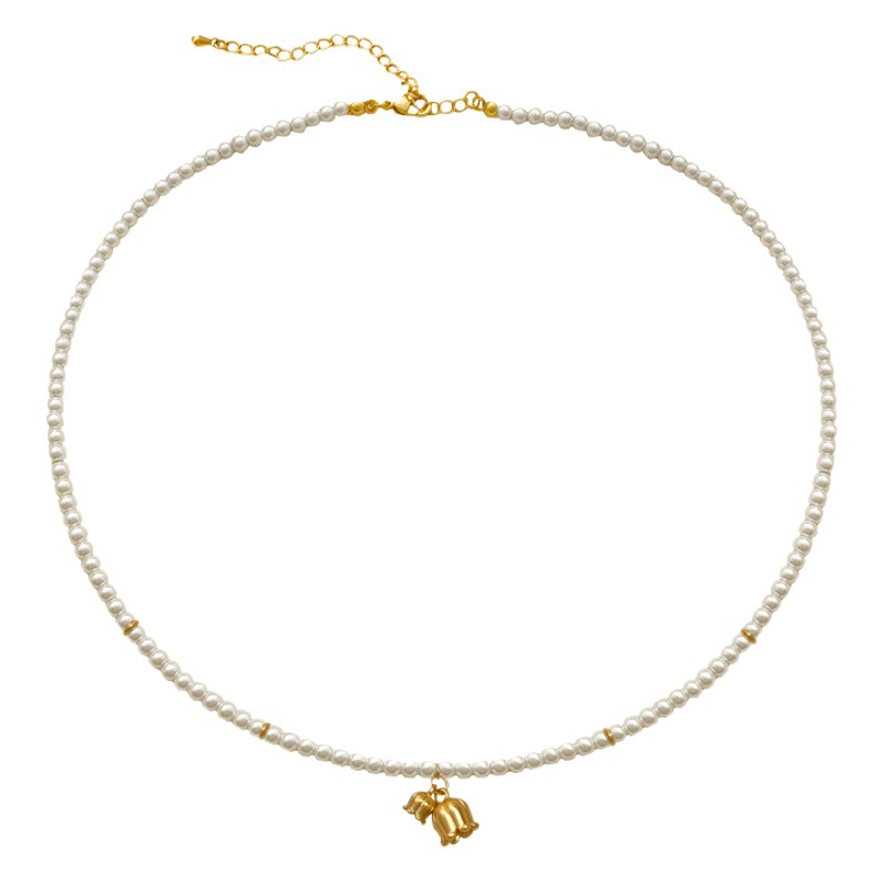 Copper plated gold French gentle temperament Orchid Pearl bracelet ins style summer new clavicle chain female 1606
