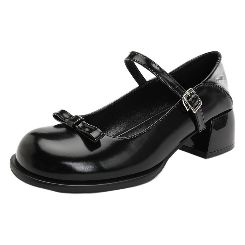 2024 Spring New Bow Small Shoes Women's Thick Heel Round Toe French Shallow Mouth Mary Jane Small Leather Shoes Women's Shoes