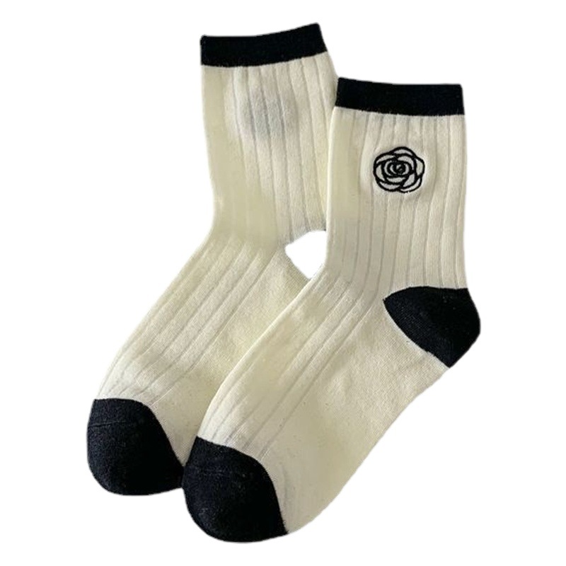 Socks Women's Autumn New ins Trendy All-match High-value Camellia Flower Outer Wear Black and White Chanel Style Socks
