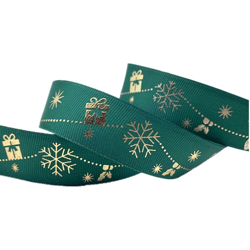 Cross-border New 25mm Christmas Gift Bronzing Printed Ribbon Decoration with Flower Bundle Packaging Ribbon Bow Accessories