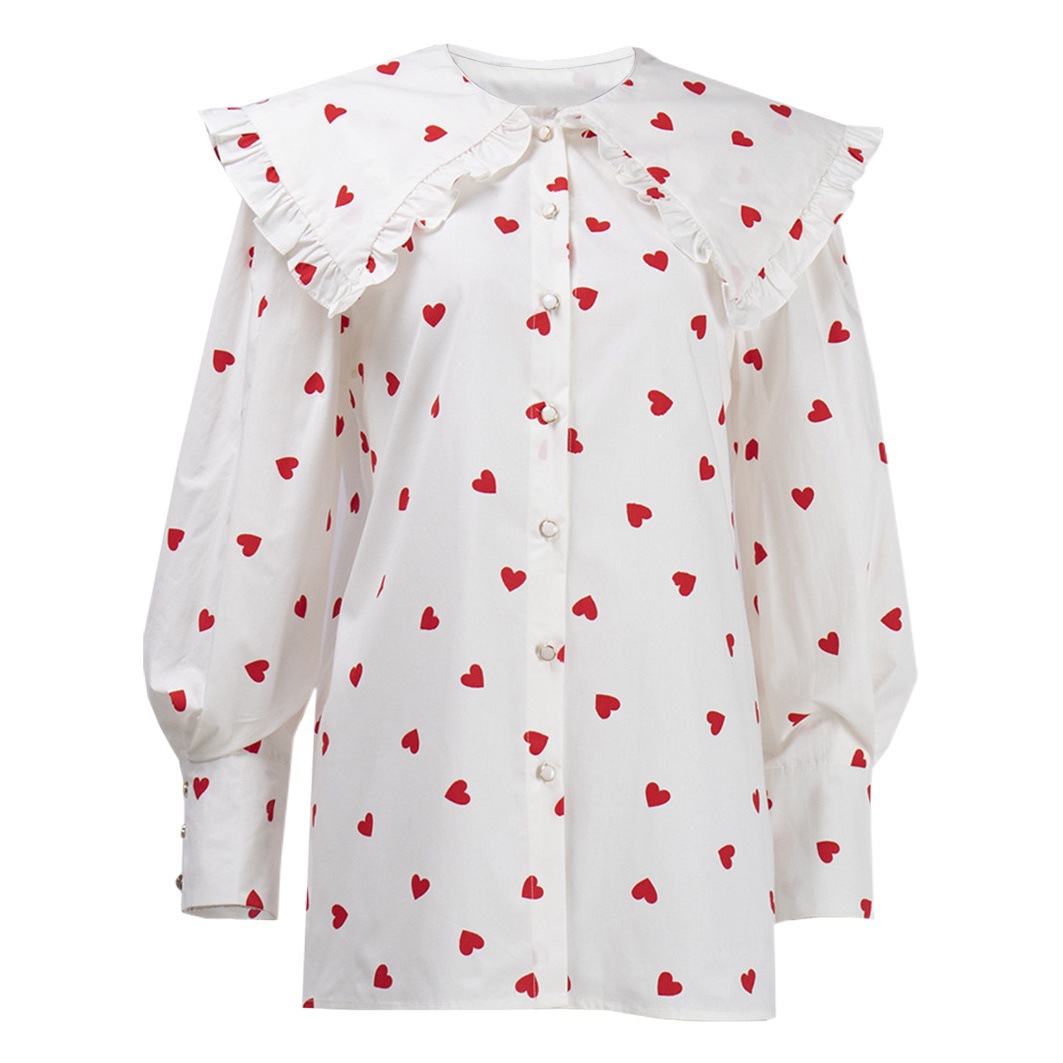 Cross-Border Heart Print Shirt, European and American Style, 2025 Summer New Model, Red Doll Collar, Lantern Sleeves, Loose Fit