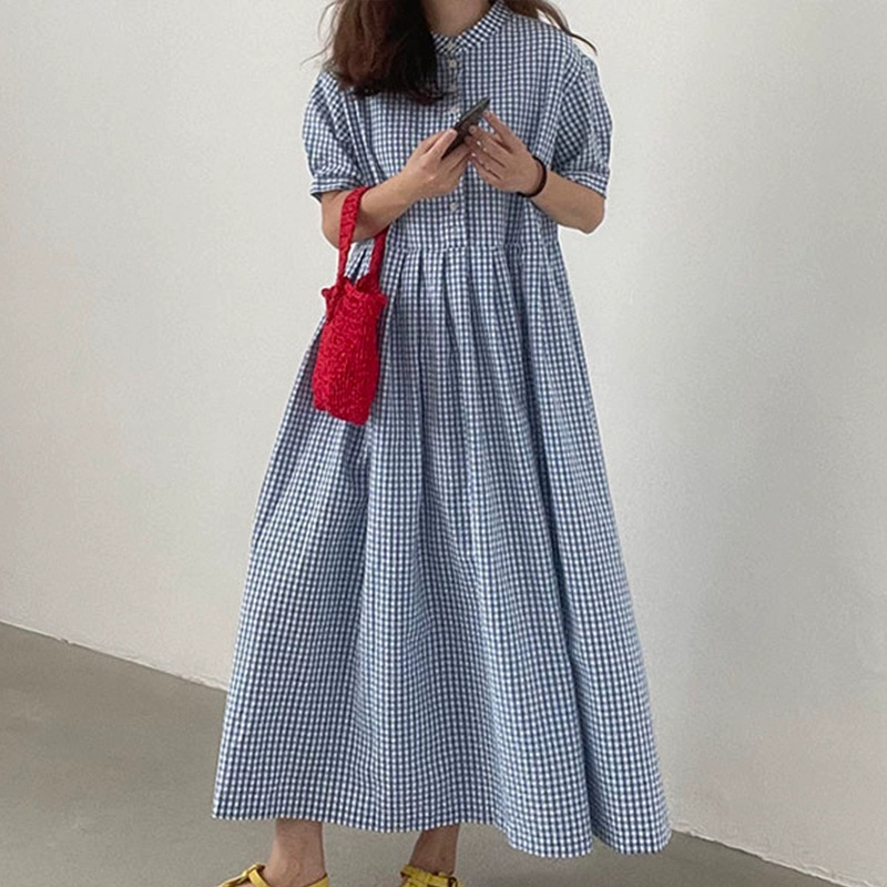 2024 Korean Summer Retro Elegant Round Neck Buttoned Loose Casual Plaid Knee-Length Long Dress for Women