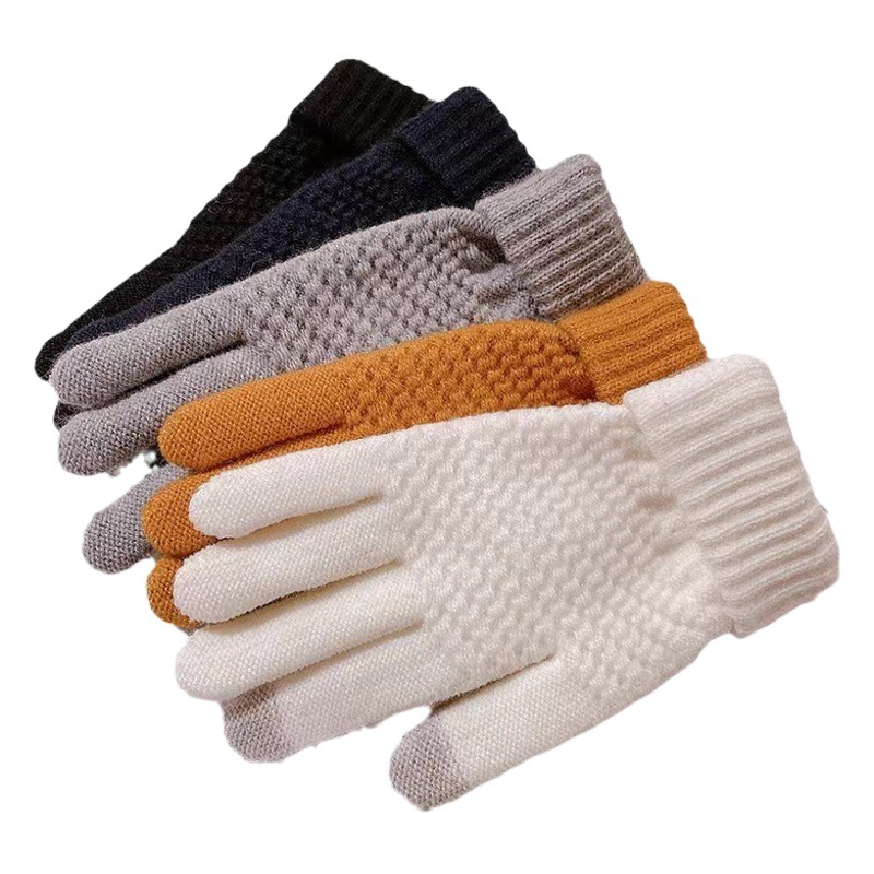 Winter new style pineapple cashmere-like full finger warm jacquard fashion fleece-lined thick knitted touch screen wool gloves