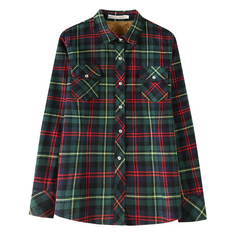 2025 autumn and winter new fleece-lined thick warm long sleeve women's shirt plus size plaid blouse manufacturers wholesale