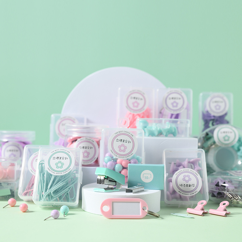 Macaron-Style Office Supplies Set: Small Box with Binder Clips, Stapler, and Paper Clips in Macaron Colors