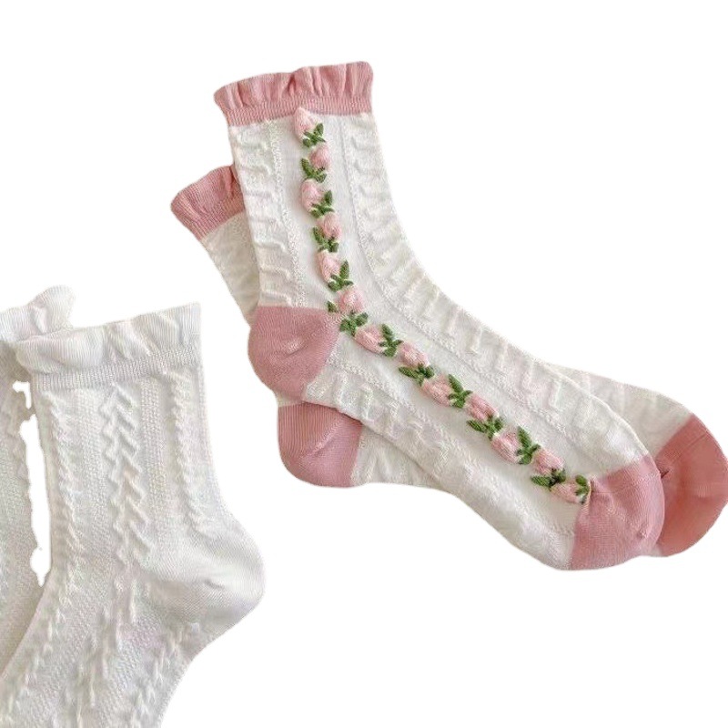 White Socks for Women, Mid-Calf, Trendy Ins Style, Japanese Pink Mist Color, Girly Socks for Spring and Summer, Thin, High-Value Lace Jk Socks