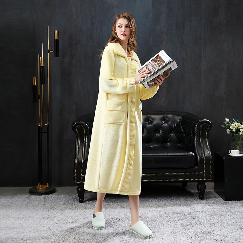Picture of Women's nightgown fleece-lined thickened long-sleeved sweet small lapel nightdress autumn and winter flannel pajamas home wear