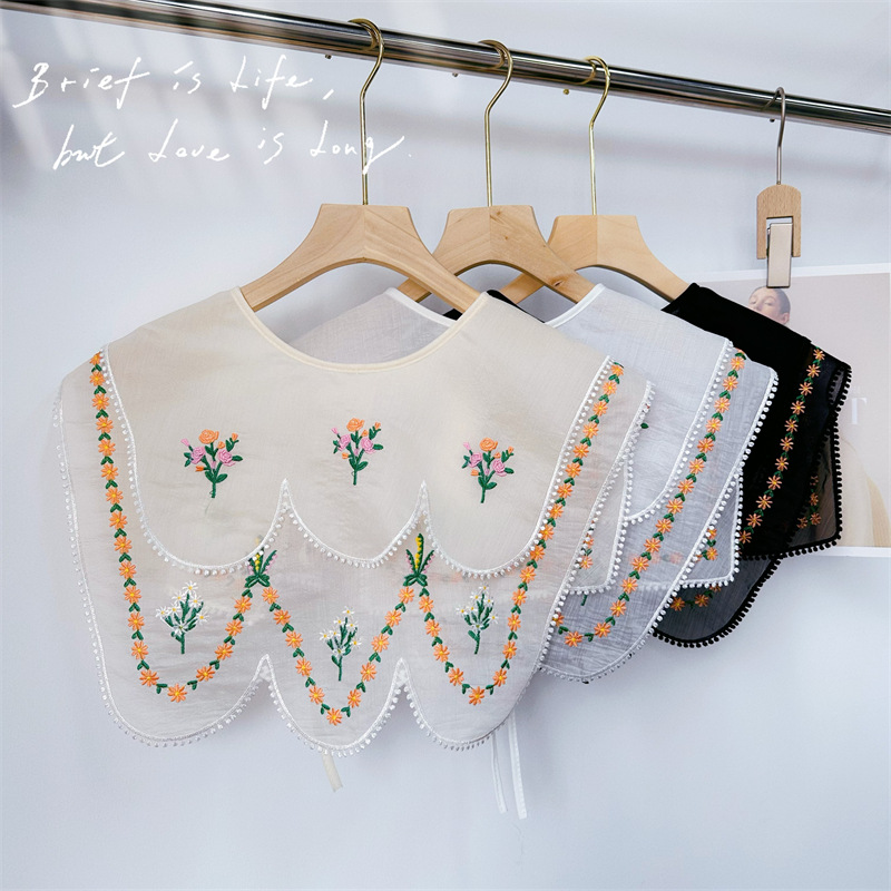 Picture of New double exquisite embroidery black and white apricot tricolor color small flower pastoral shawl bilateral wave wholesale