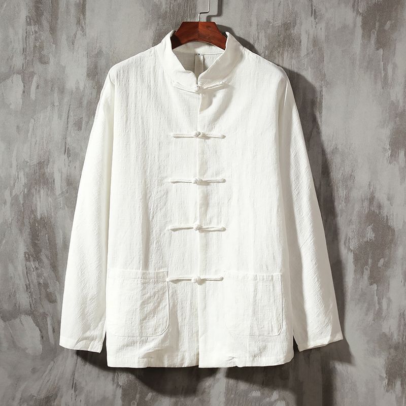 Chinese Style Men's Cotton and Linen Shirt with Buckle Collar Men's Retro Style Top Spring and Autumn Chinese Linen Long Sleeve Shirt