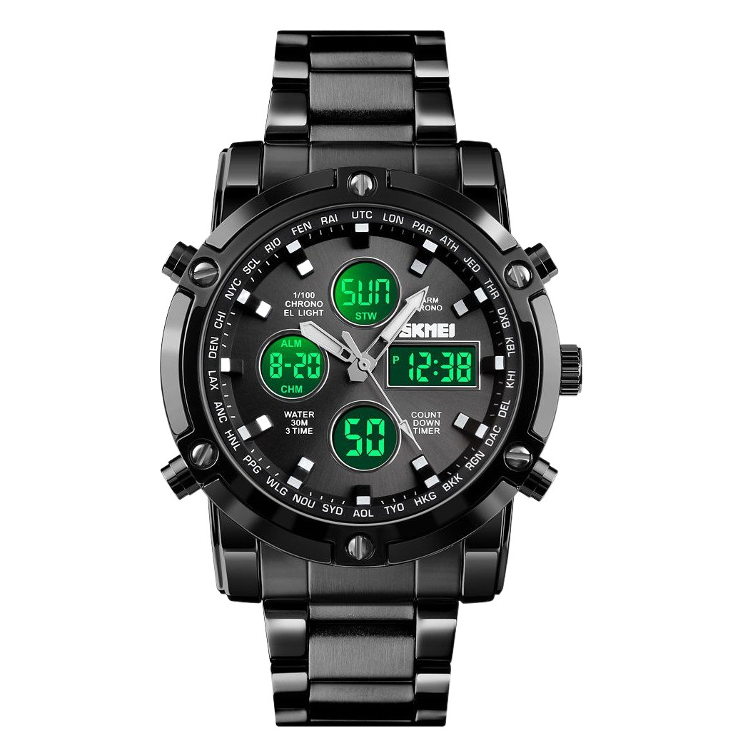 Time beauty men's multi-function electronic watch steel band Double Movement men's wrist watch large dial waterproof electronic watch wholesale