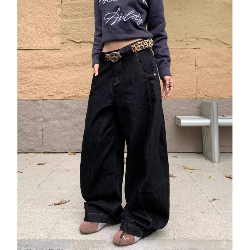 American Retro Black Scimitar Wide-Leg Jeans for Women, Plus Size, Early Autumn New Style, Loose Slimming Casual Straight Pants