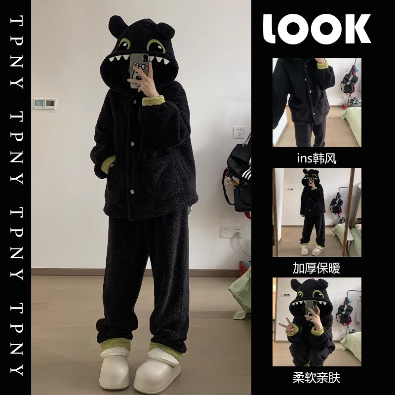 Cute toothless hooded coral fleece pajamas for women winter New Cartoon warm thickened plush home wear suit