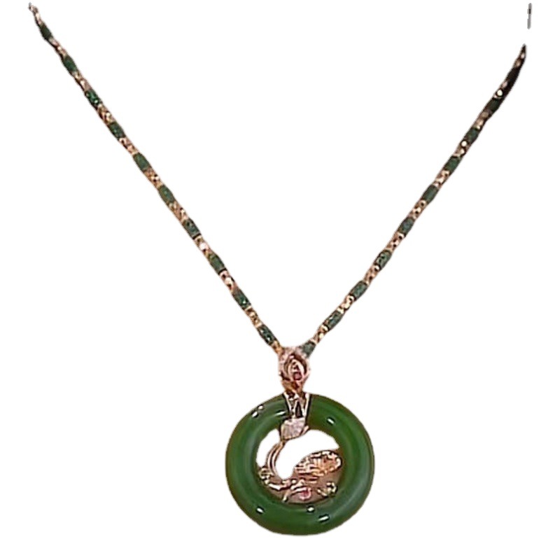 New retro bamboo necklace light luxury niche imitation jade pendant ancient sun totem necklace flower clavicle chain