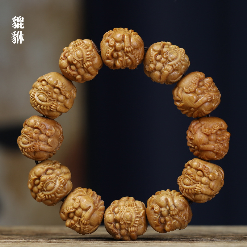 Sandalwood Double-sided Carved 2.0 Pixiu Wooden Buddha Beads Bracelet for Men and Women Sandalwood Wen Play Buddha Beads Bracelet Jewelry