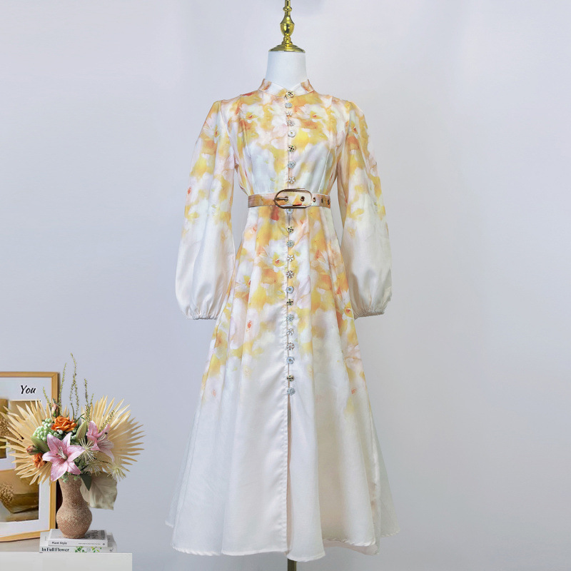 Cross-Border Foreign Trade 2025 New Style Printed Small Stand-Up Collar Lantern Sleeve Single-Breasted Exquisite Dress for Women with Belt