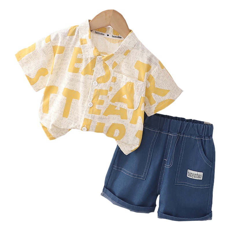 Children's Short-sleeved suit 2023 Summer Children's Wear Boys' Korean Style Shirt suit Printed Color-matching Two-piece Men's Suit