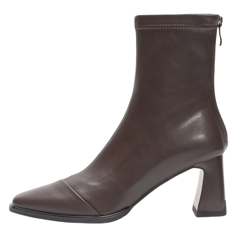 Brown Chunky Heel Ankle Boots for Autumn and Winter, Fleece-Lined High-Heeled Boots for Women, Mid-Calf 2025 Retro Slim Boots with Fleece Lining