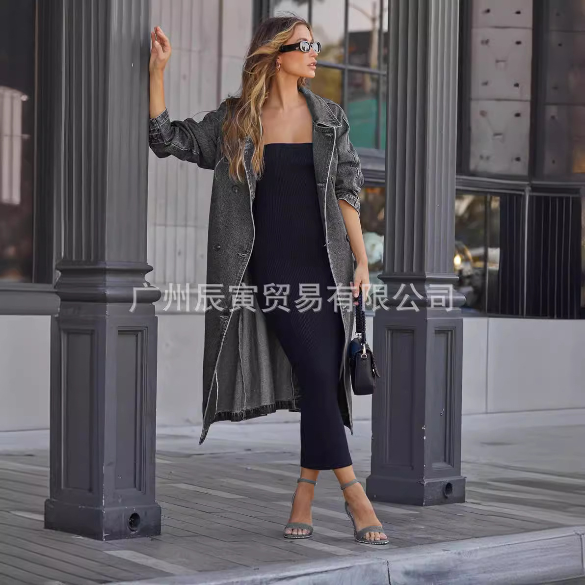 Picture of ins new European and American autumn and winter women's trench coat denim cotton solid color double pocket long buckle loose coat