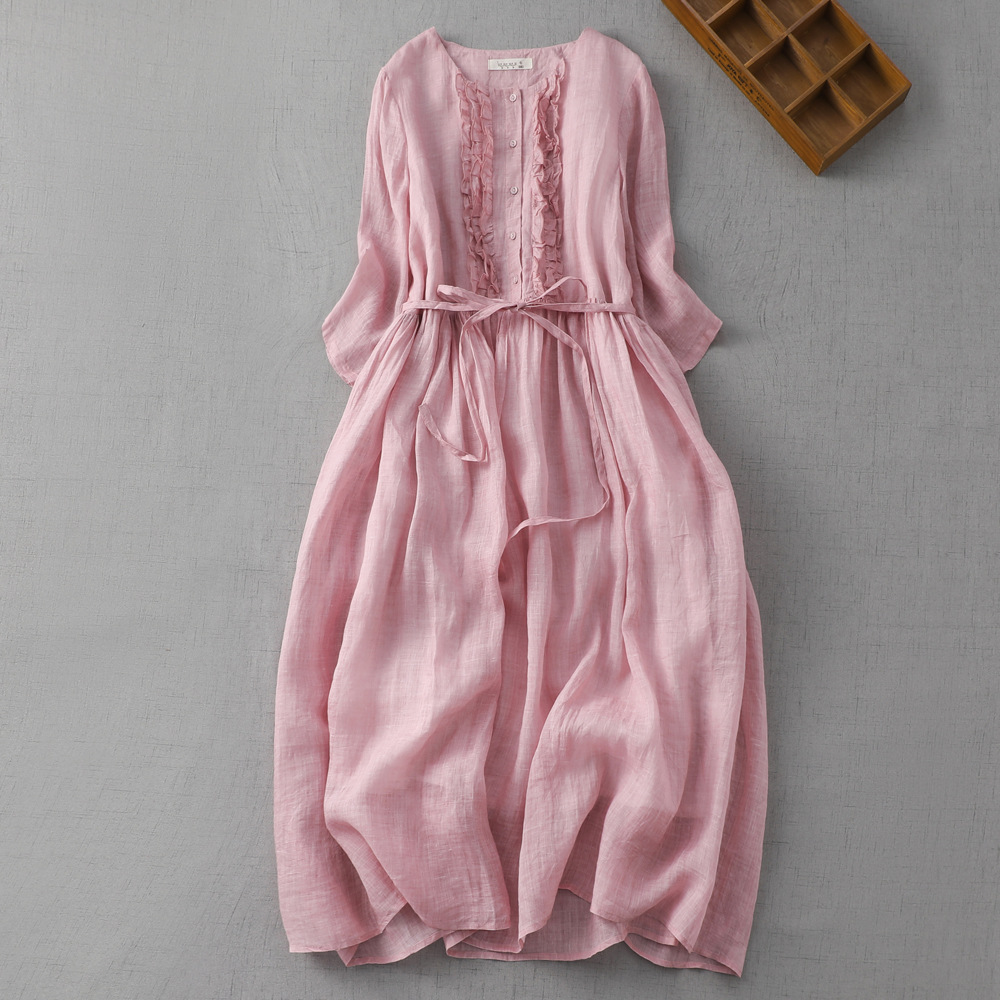 2023 Summer Artistic Retro Round Neck Double-layer Fairy Style Lace-up Waist Mid-length Travel and Holiday dress Women's Thin