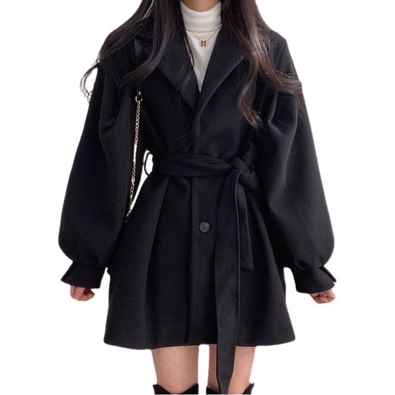 New Korean Style Autumn and Winter Wear Strap Elegant Small Suit Collar Hepburn Style Mid-length Woolen Women's Coat Jacket