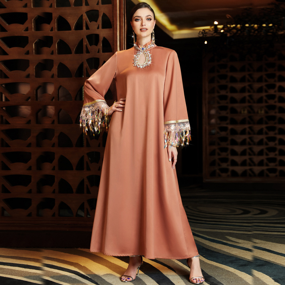 BA3147 new magic color laser gradient tassel abaya long dress neckline hollow seam