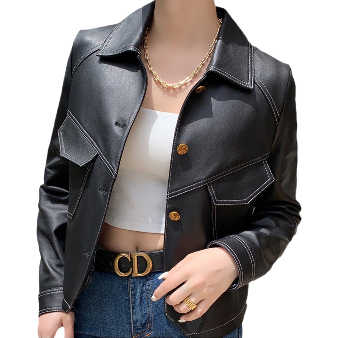Haining Spring and Autumn New Leather Jacket Single Lined Leather Jacket Women's Short Slim Motorcycle Women's Short Leather Jacket C2707