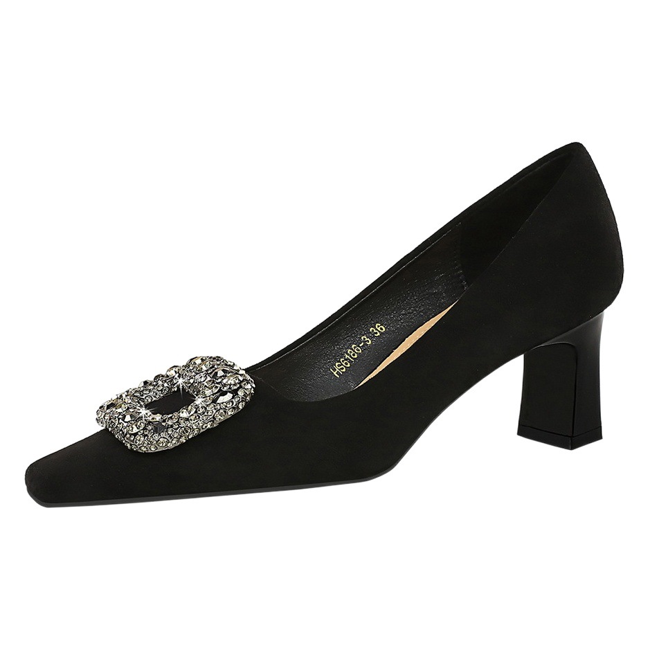 6186-K83 European and American Banquet Women's Shoes, Versatile High Heels, Thick Heels, High Heels, Suede Square Toe Metal Rhinestone Buckle Flats
