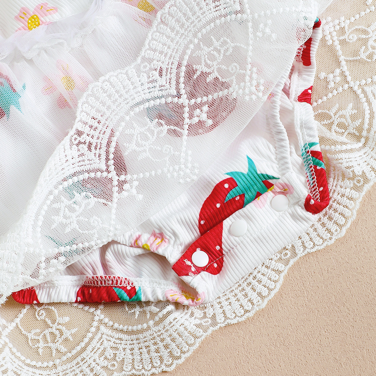 Picture of Cross-border Baby Children's New Girl's Strawberry Pattern Summer Strap Mesh Hare Dress Headwear Two-piece Set