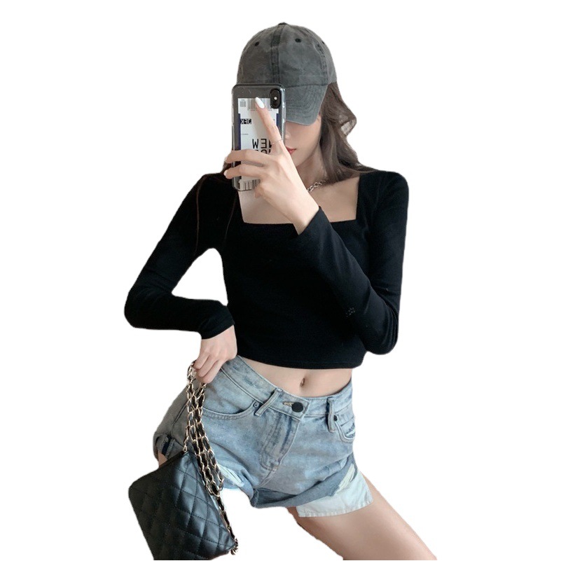3257#(2025 summer new real price) square collar long sleeve T-shirt women 2025 new solid color bottoming shirt tide women