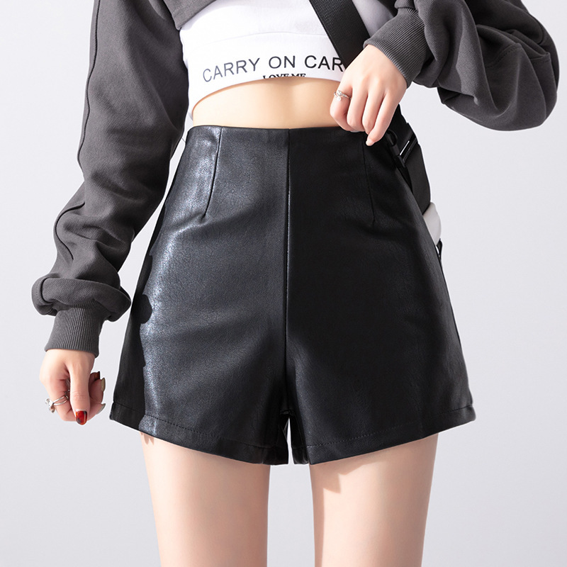 Picture of Plus size versatile tight elastic PU leather shorts women's 2023 autumn and winter fashionable high waist slimming A- line black hot pants