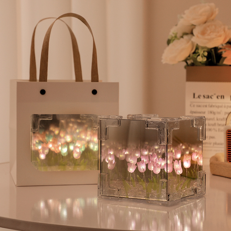 Handmade DIY Flower Sea Rubik's Cube Tulip Finished Night Light Creative Desktop Atmosphere Light Decoration for Girls and Best Friends